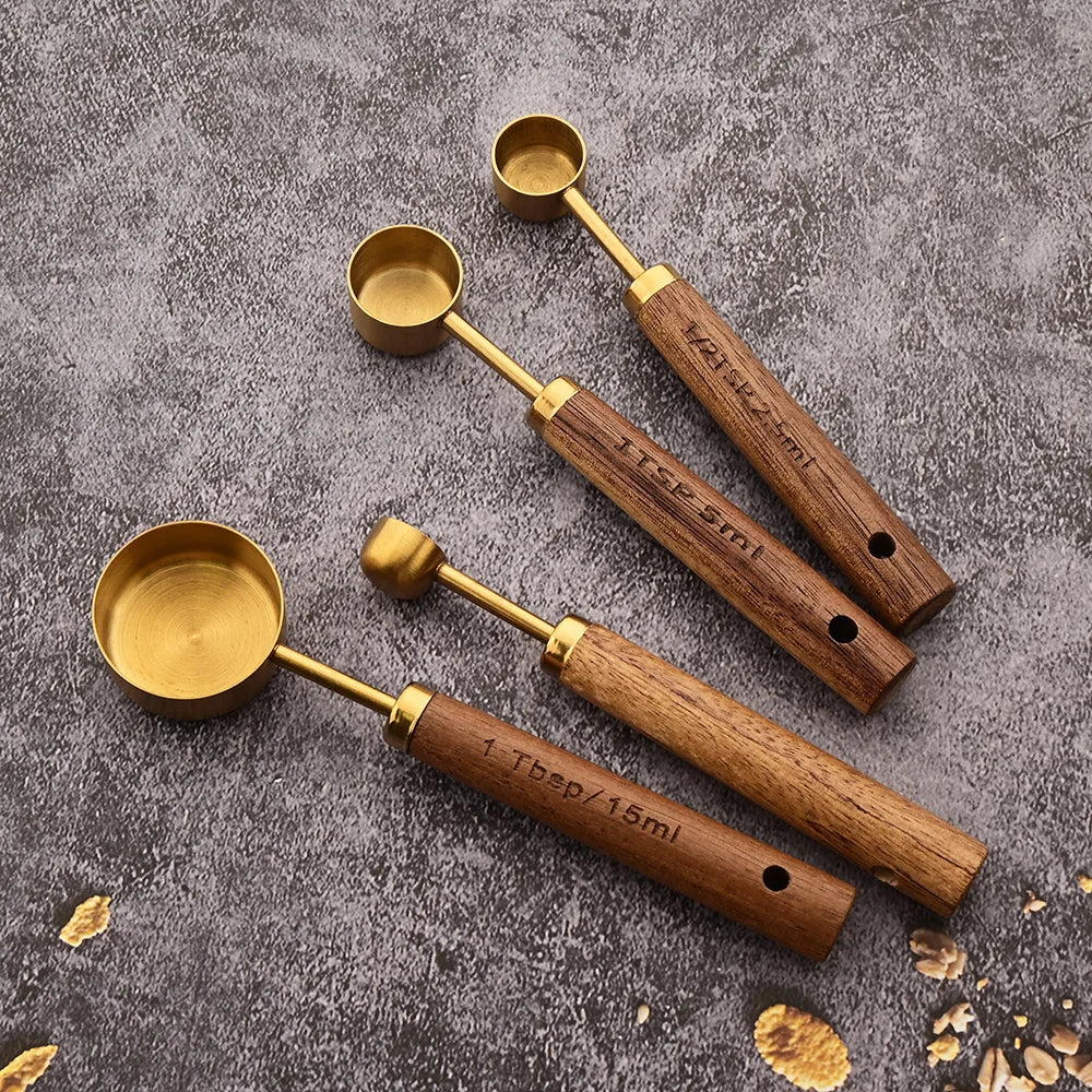 Stainless Steel Measuring Cups Spoons Set Wooden Handle Baking Coffee Tools