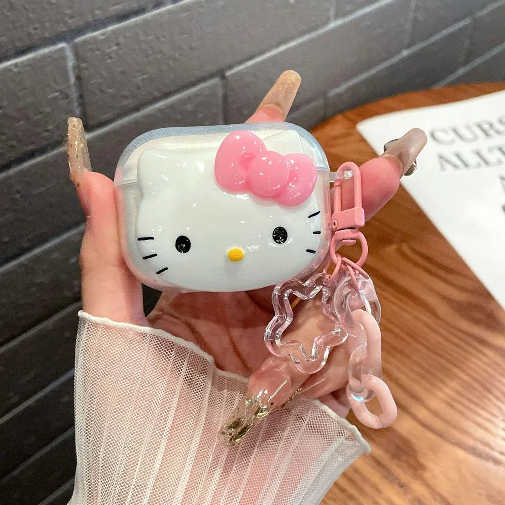 Cute Pink Hello Kitty Cat AirPods Pro Cartoon Protective Case with Keychain