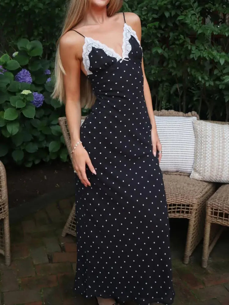 Women Lace V Neck Maxi Dress Backless High Waist Party Dress