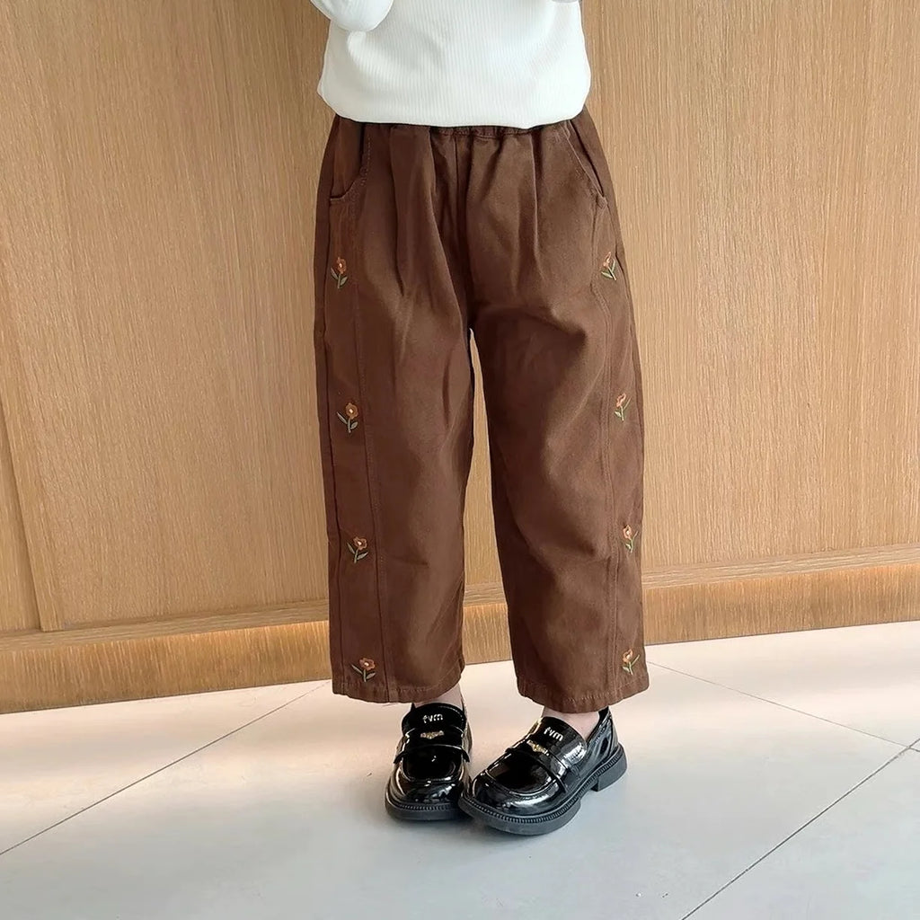 Girls Flower Embroidery Cotton Pants Elastic Waist Casual Trousers 2–6T