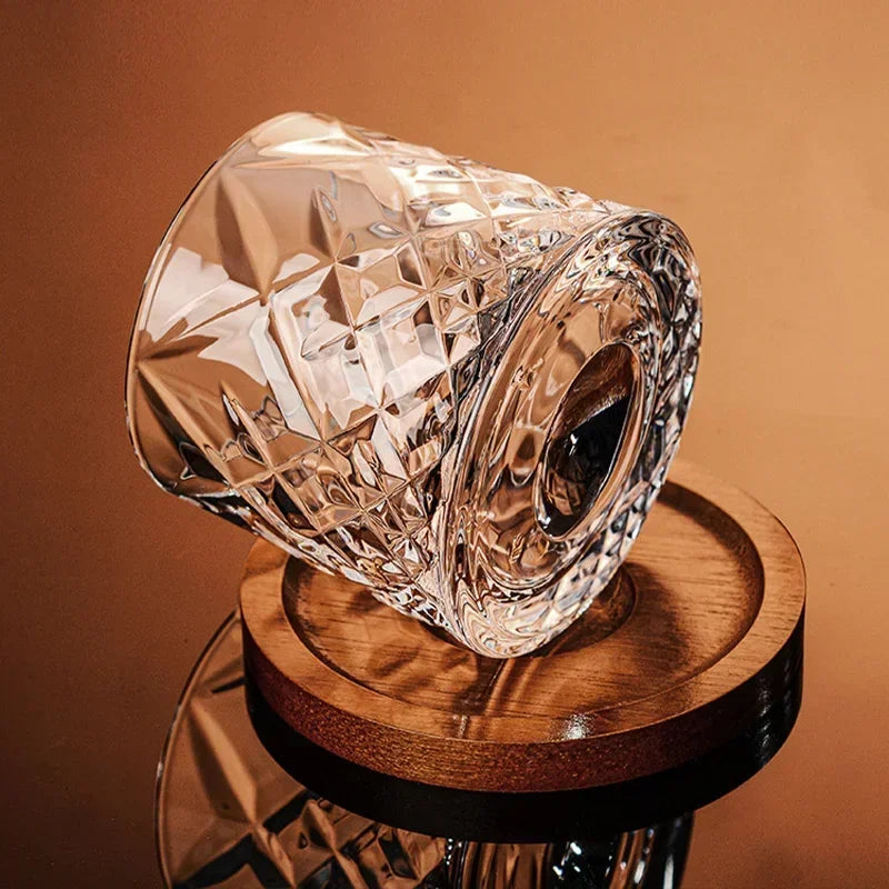 Crystal Whiskey Tumbler Rotating Spinning Glass with Base for Bar Home