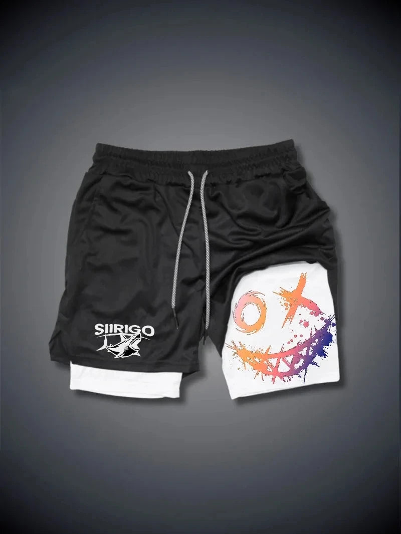 Men 2-in-1 Smiley Print Running Shorts Quick Dry Double Layer Fitness Training Sports Shorts