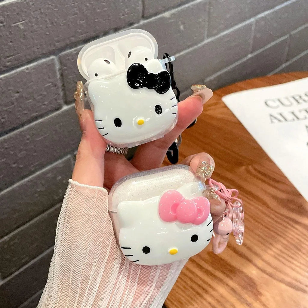 Cute Pink Hello Kitty Cat AirPods Pro Cartoon Protective Case with Keychain