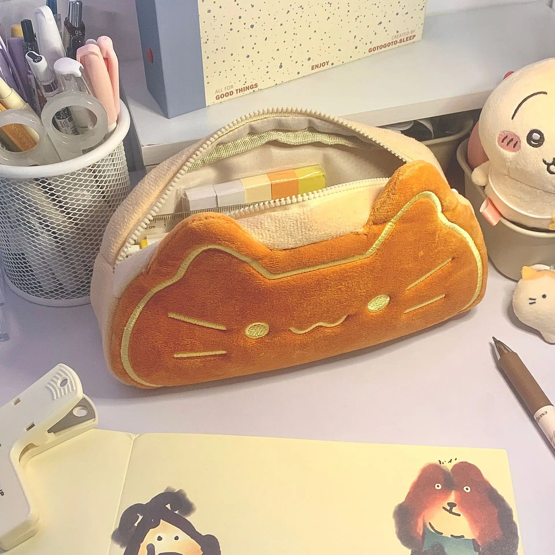 Caramel Cat Plush Pencil Case Large Capacity School Storage Pouch