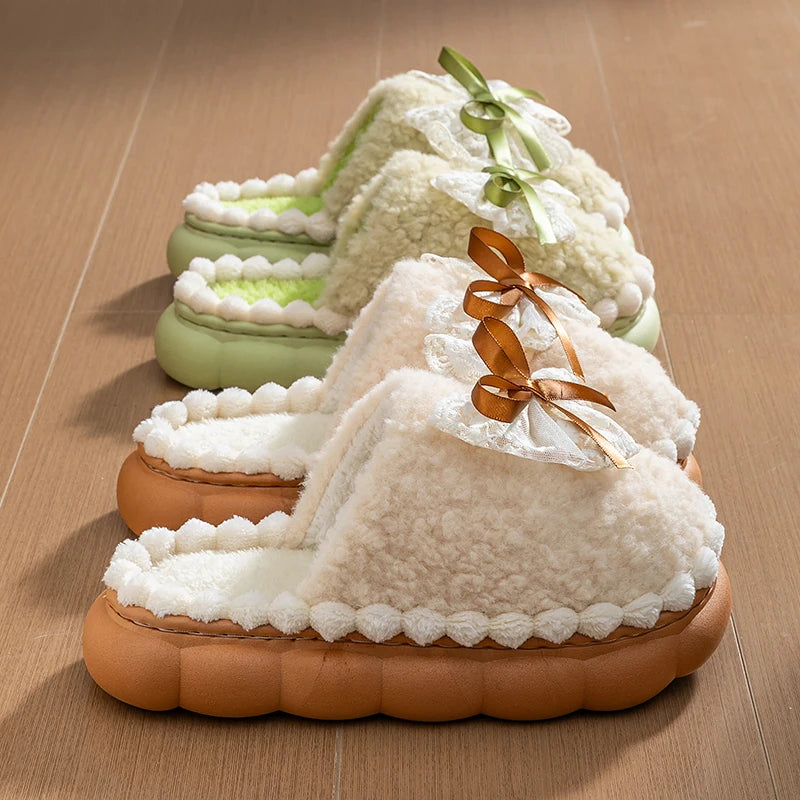 Women Winter Fur Slippers Thick Sole Non Slip Plush Home Indoor Bow Warm Shoes