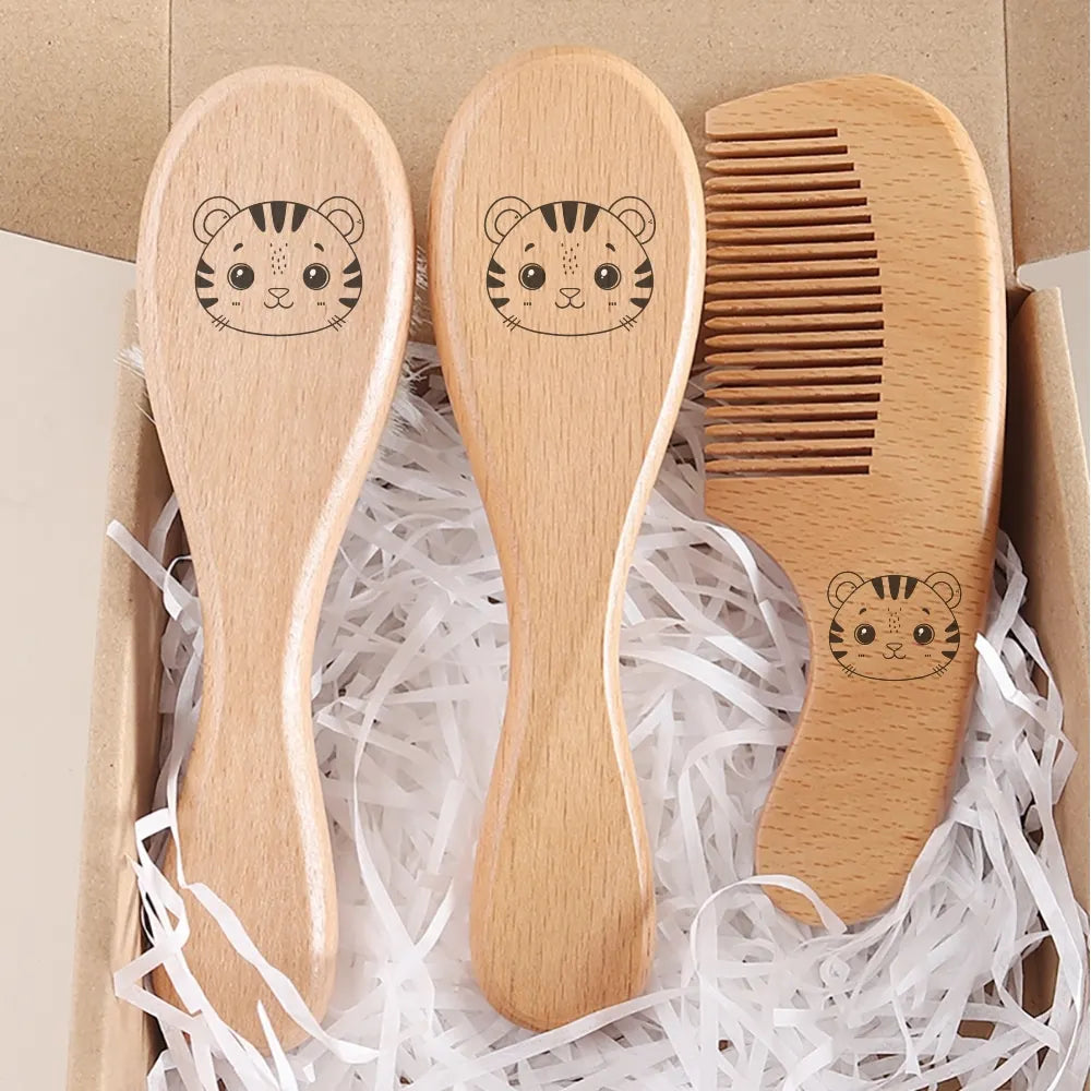 3pcs Baby Hair Brush and Wooden Comb Set Newborn Gift