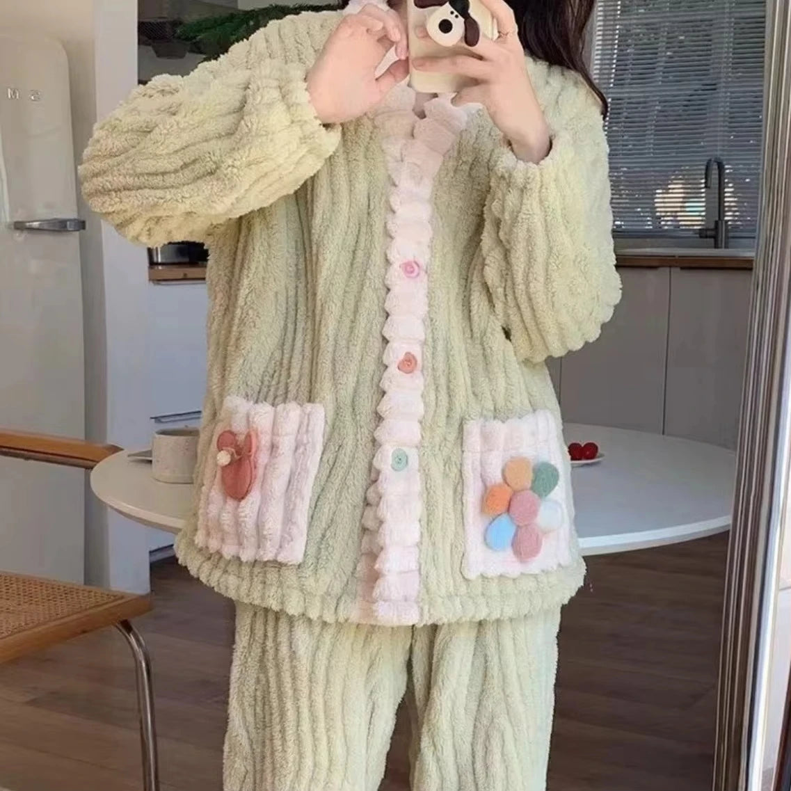 Women Flannel Pajama Set Warm Soft Kawaii Homewear Suit