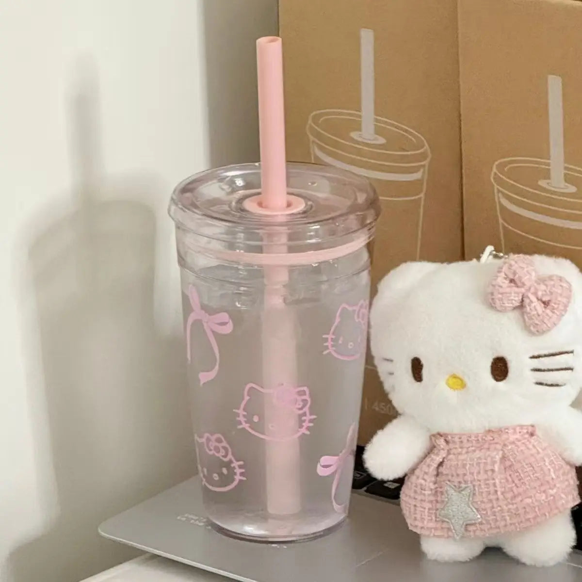 Hello Kitty Pink Straw Cup Large Capacity Transparent Water Bottle