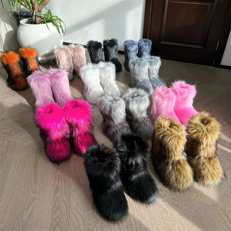 Women Fur Snow Boots Warm Mid Calf Winter Shoes