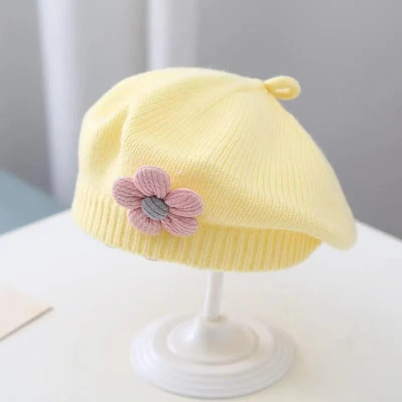 Baby Girl Flower Beret Warm Knit Beanie Hat