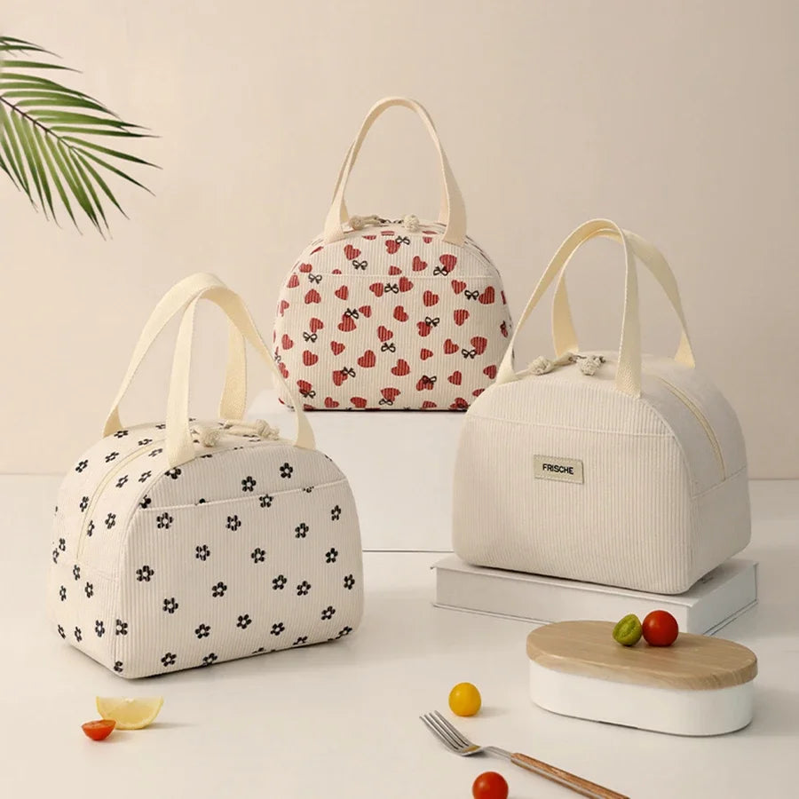 Corduroy Thermal Insulated Lunch Bag Cute Print Large Capacity Handbag