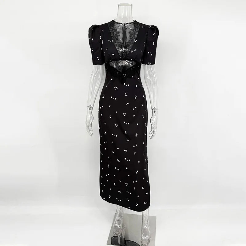 Women Lace Hollow Elegant Summer Dress High Waist Slim Fit Party Club Dress