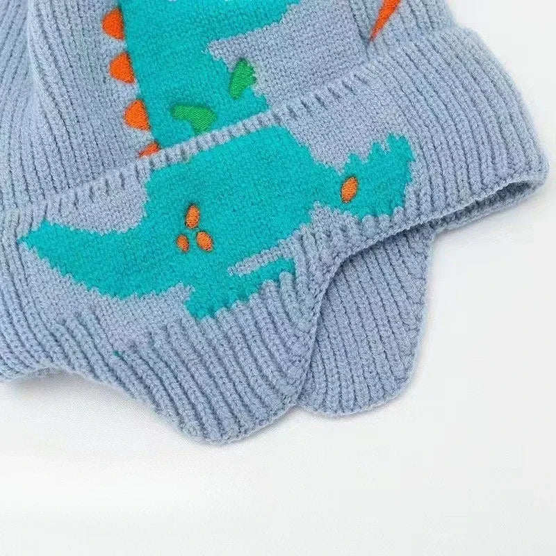 Kids Winter Dinosaur Earmuff Hat Warm Knitted Beanie Toddler Ear Protection Cap