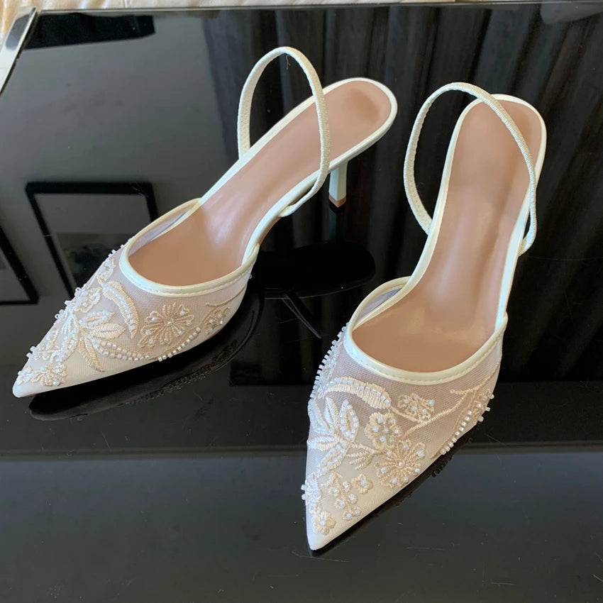Women White Slingback High Heels Mesh Embroidered Floral Wedding Dress Shoes