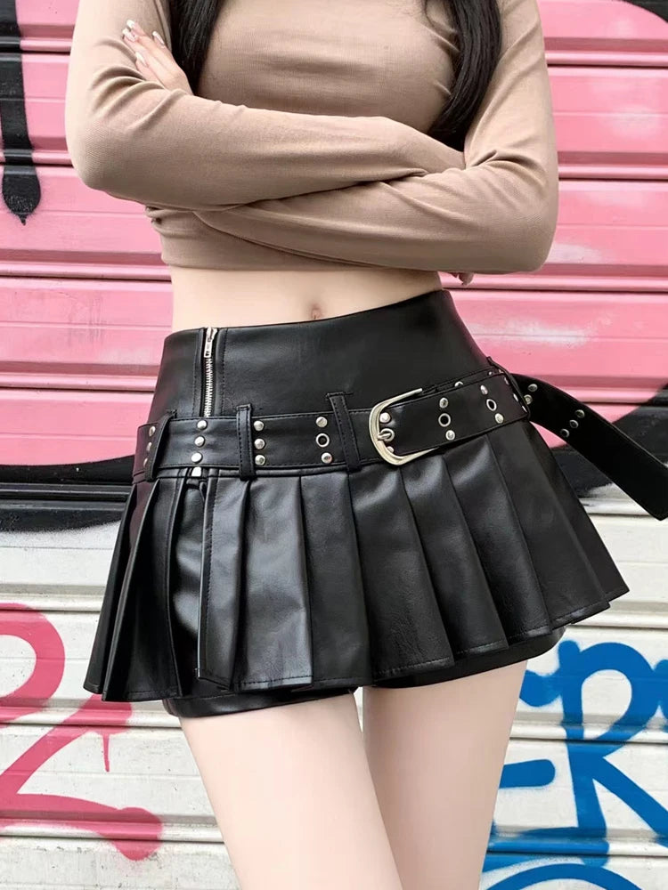 Women Gothic Black Pleated Leather Mini Skirt A Line Y2K Harajuku Emo Style