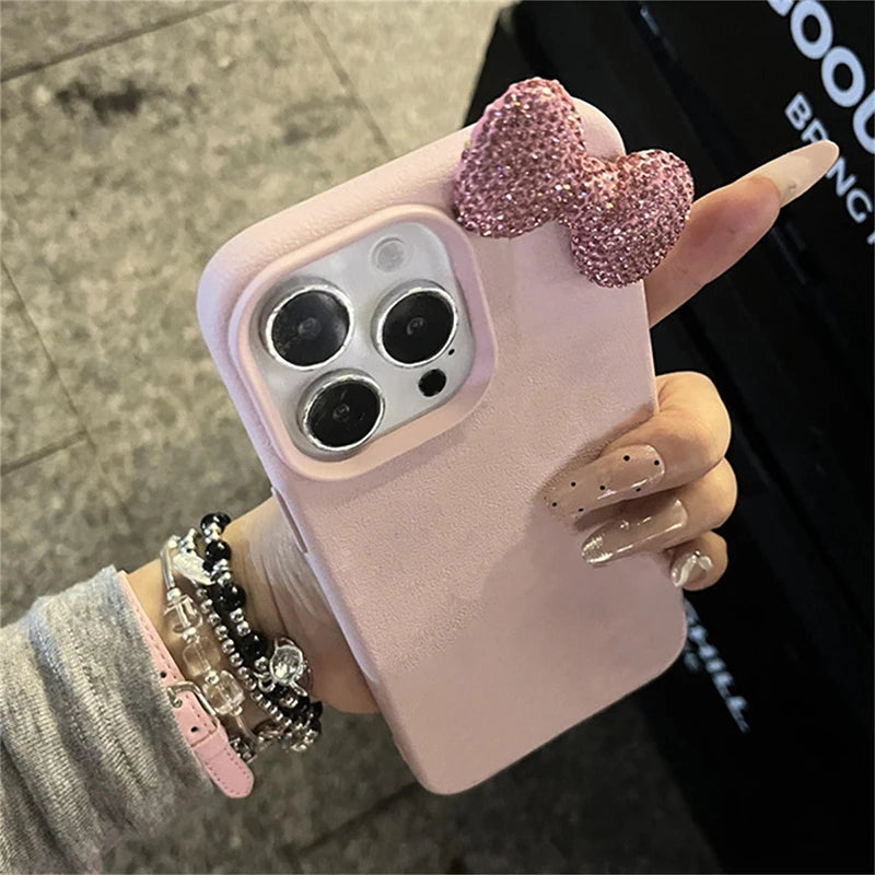 Rhinestone Bow Litchi Leather Shockproof iPhone Case
