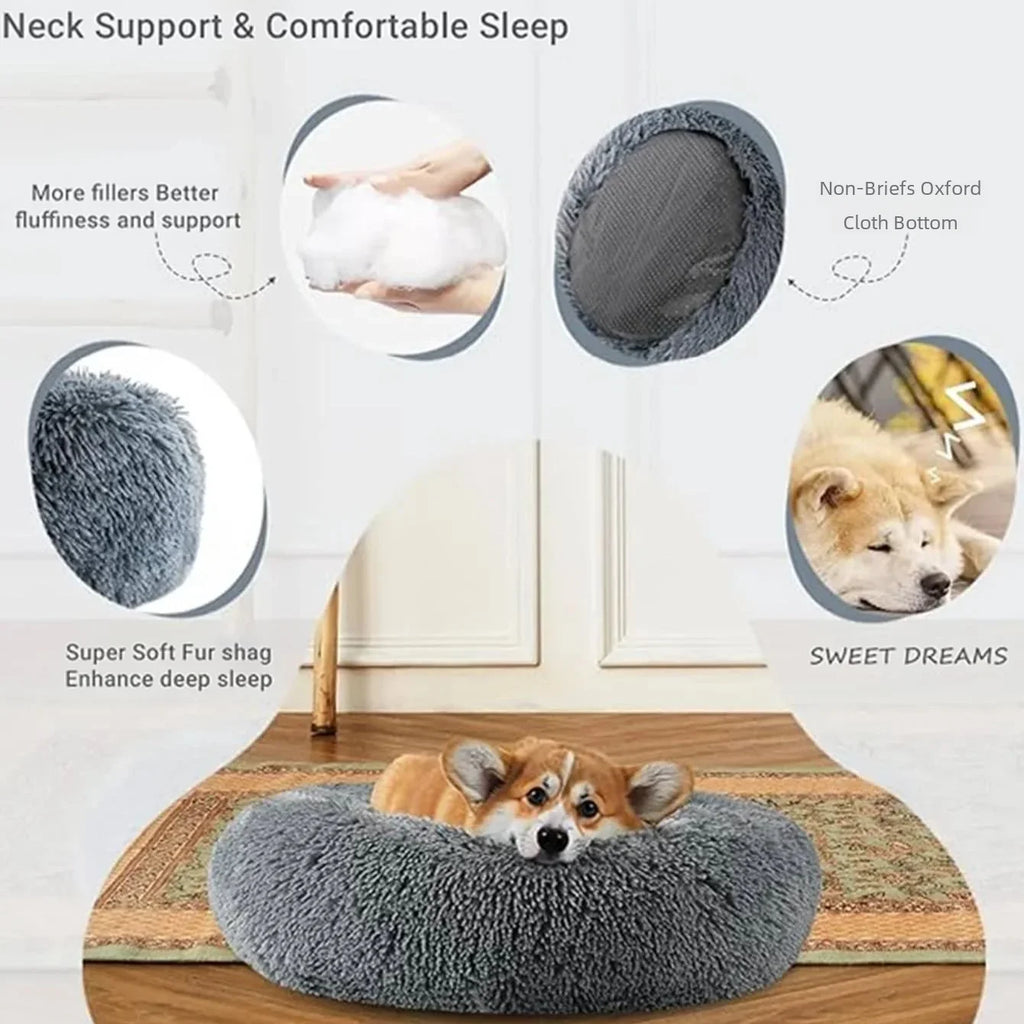 Round Plush Pet Bed – Soft Calming Donut Bed for Dogs and Cats