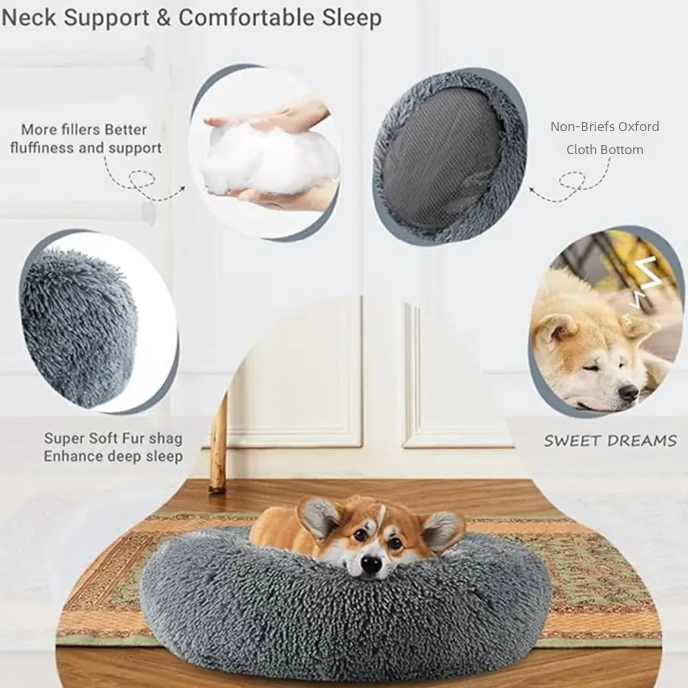 Round Plush Pet Bed – Soft Calming Donut Bed for Dogs and Cats