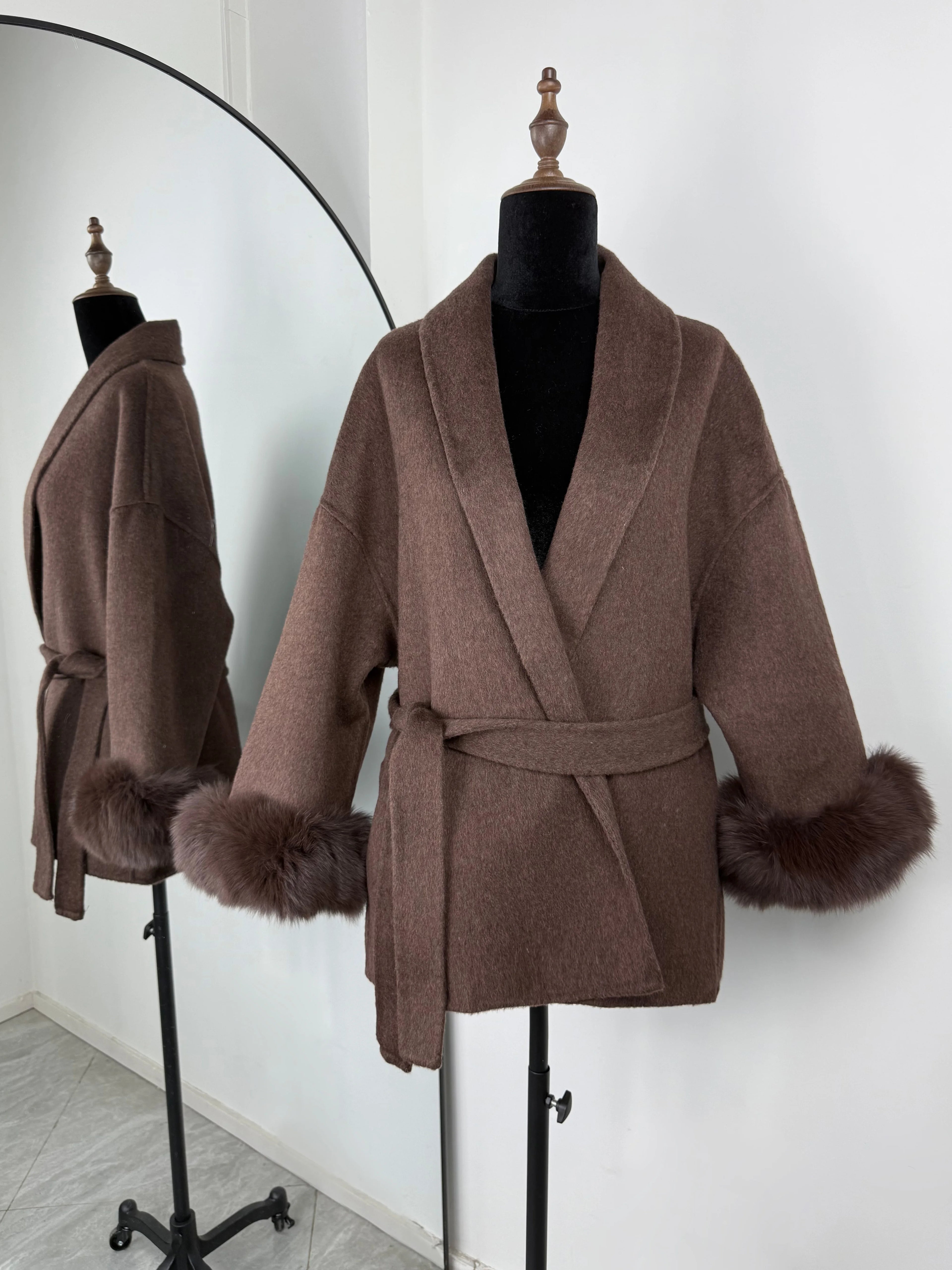 Women Wool Coat Faux Fur Collar Short Double Sided Elegant Jacket
