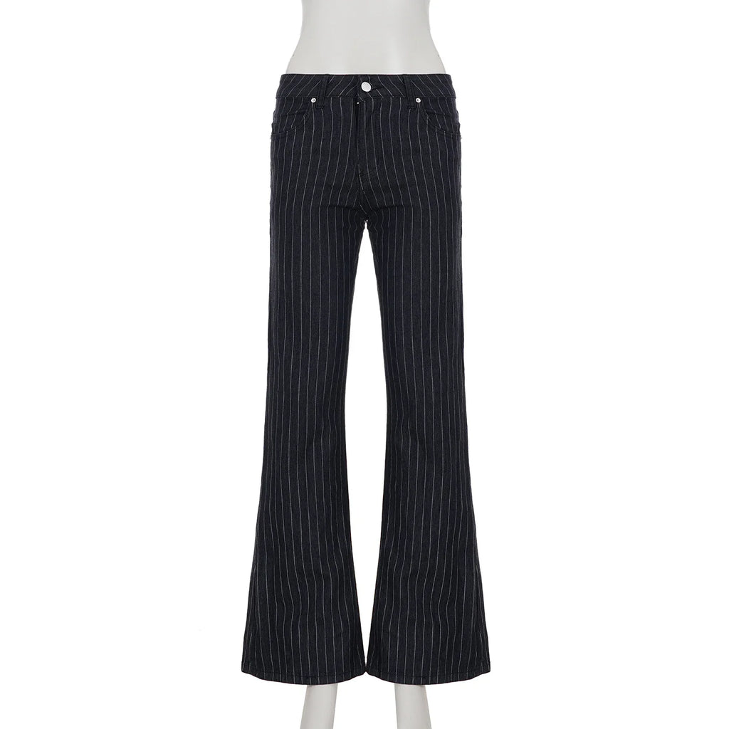 Women Y2K Low Rise Bootcut Flare Jeans Black Striped Denim Streetwear Pants