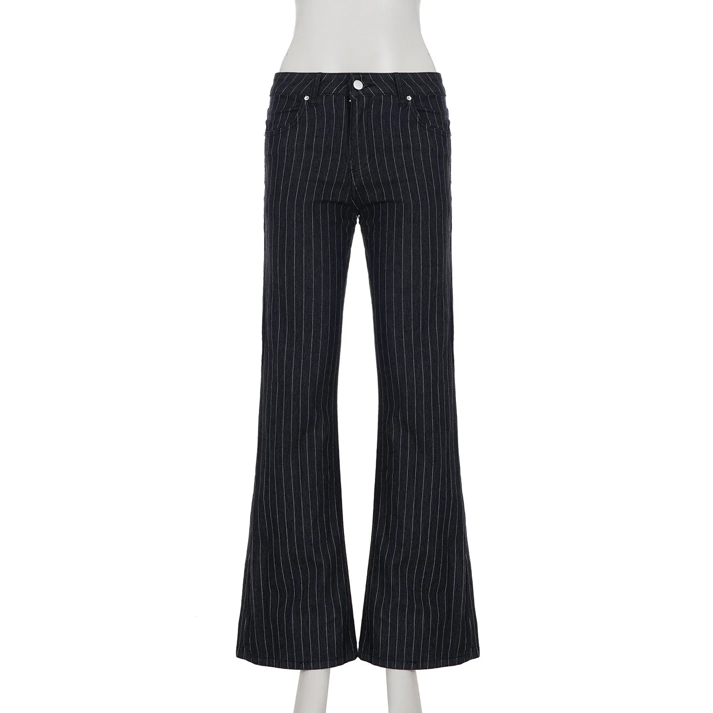 Women Y2K Low Rise Bootcut Flare Jeans Black Striped Denim Streetwear Pants