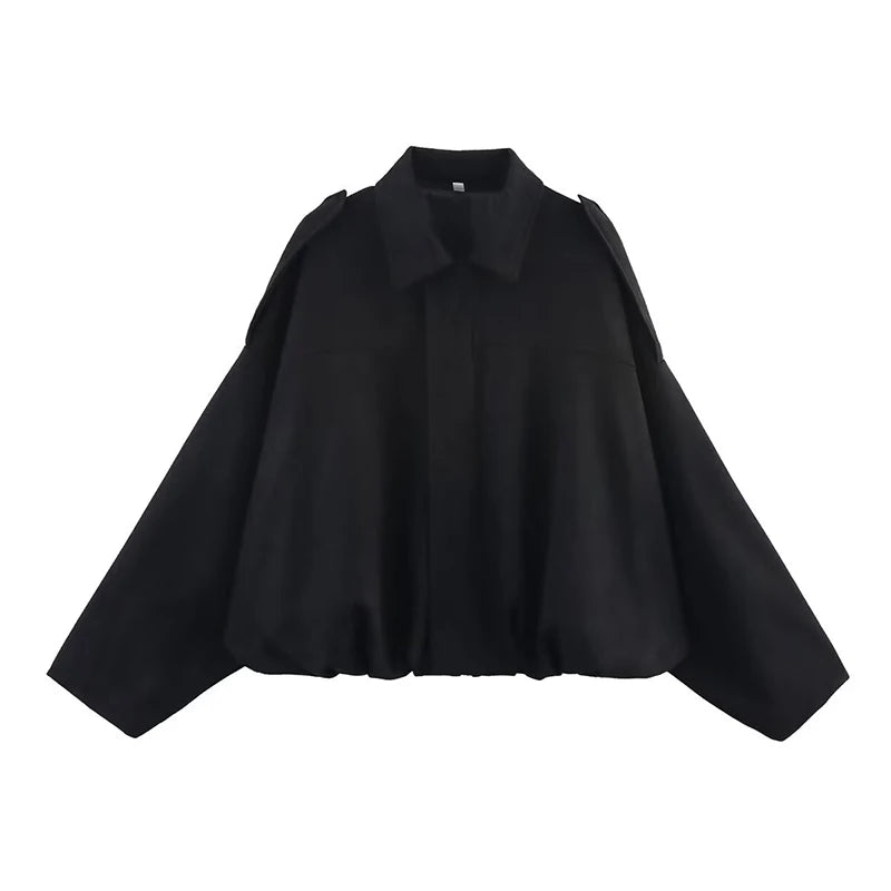 Women Bomber Jacket Vintage Turn Down Collar Loose Fit Coat Chic Outerwear