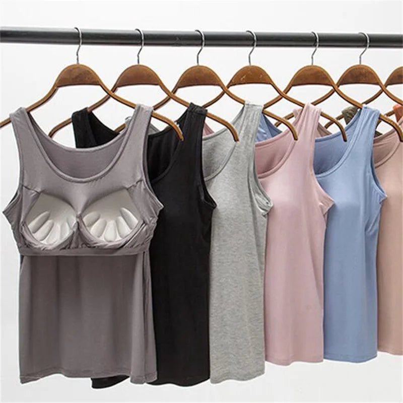 Women’s Padded Tank Top with Built In Bra Slim Fit Solid Color Vest