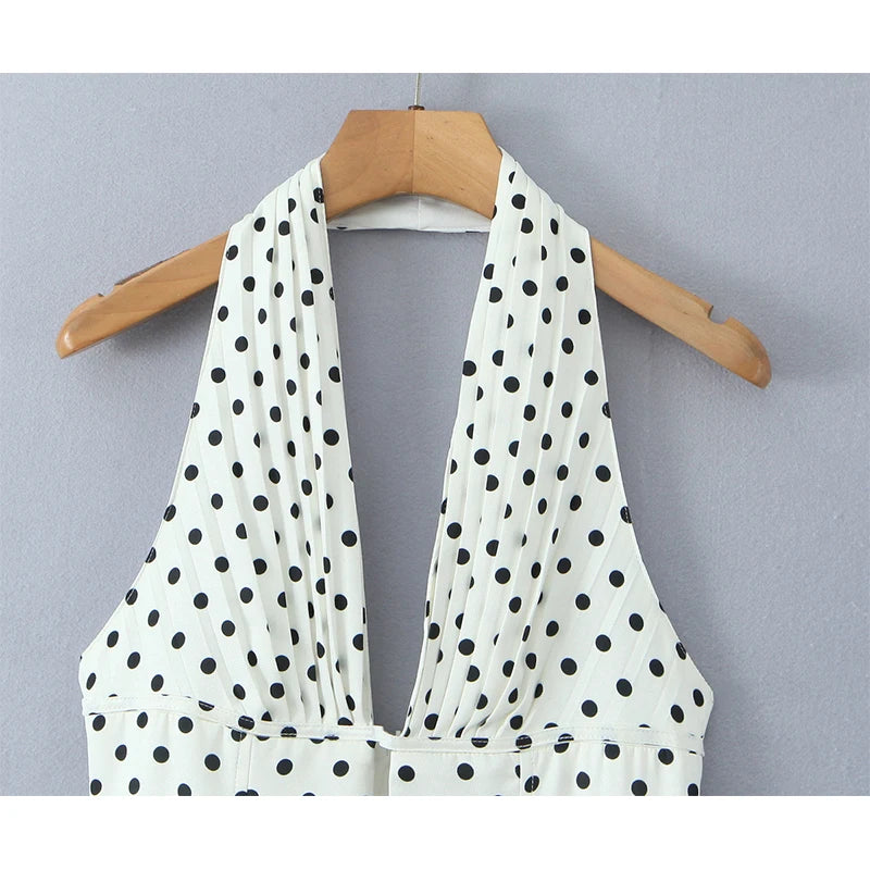 Women Polka Dot Halter Mini Dress Deep V Backless A-Line Summer Dress