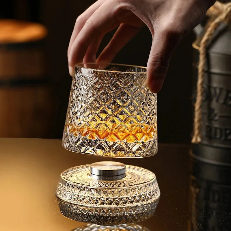 Rotating Whiskey Glass 360 Degree Crystal Tumbler with Glass Base for Cocktail