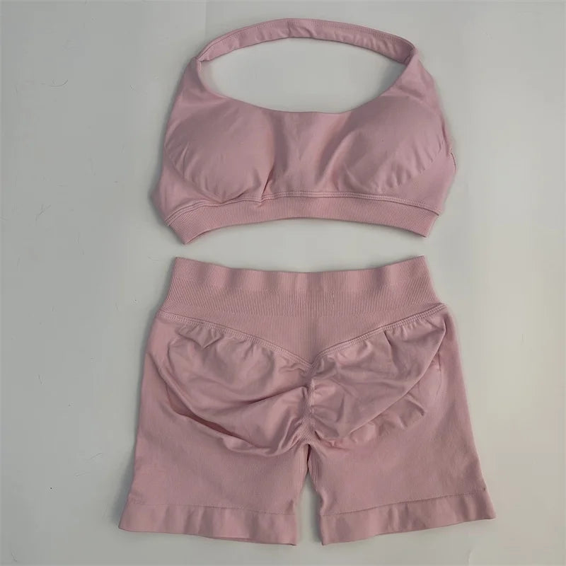 Seamless Yoga Set Halter Sports Bra Scrunch Shorts Gym Workout Fitness Set