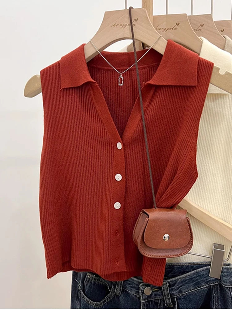 Women Sleeveless Knitted Cardigan Solid Color Vest Sweater