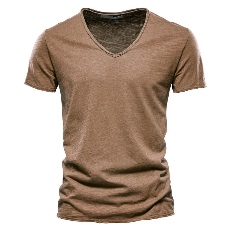 Men Cotton V-Neck Slim Fit T Shirt Short Sleeve Fashion Basic Tee