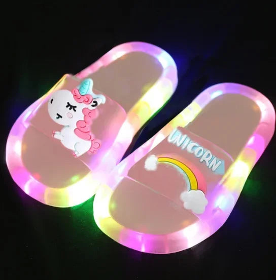 Kids LED Light Up Slippers Unicorn Cartoon Glowing Sandals Colorful Non Slip Children Slide Shoes