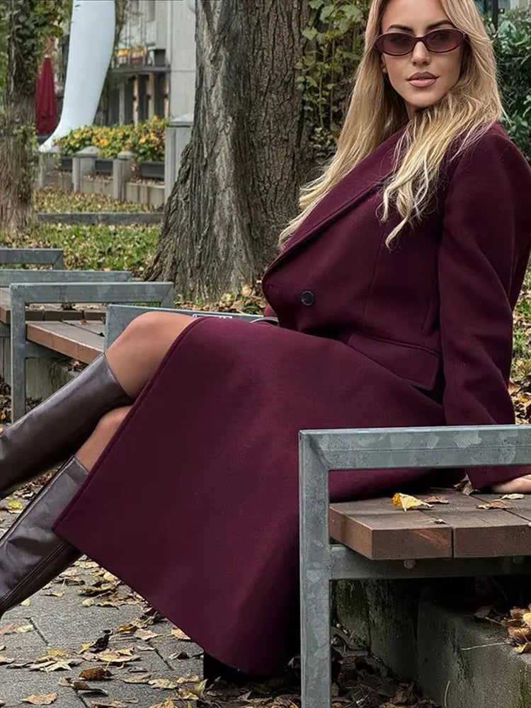 Women Burgundy Double Breasted Coat Elegant Winter Jacket