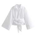 Women Polo Neck Bow Tie Short Poplin Shirt Double Breasted Casual Top