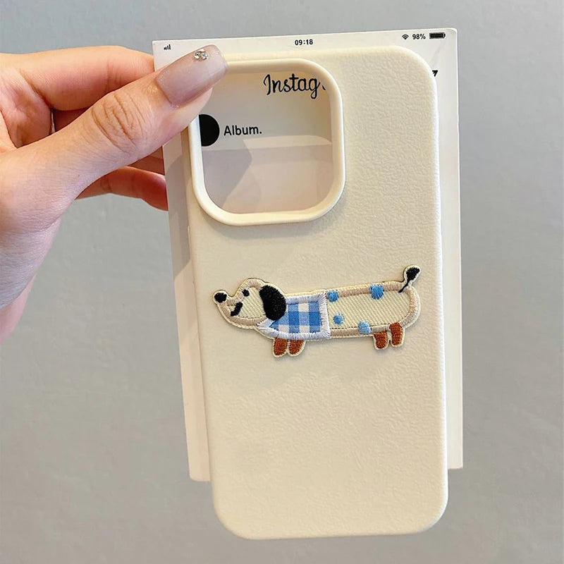 Cute 3D Cartoon Embroidery Puppy Leather Pattern iPhone Case