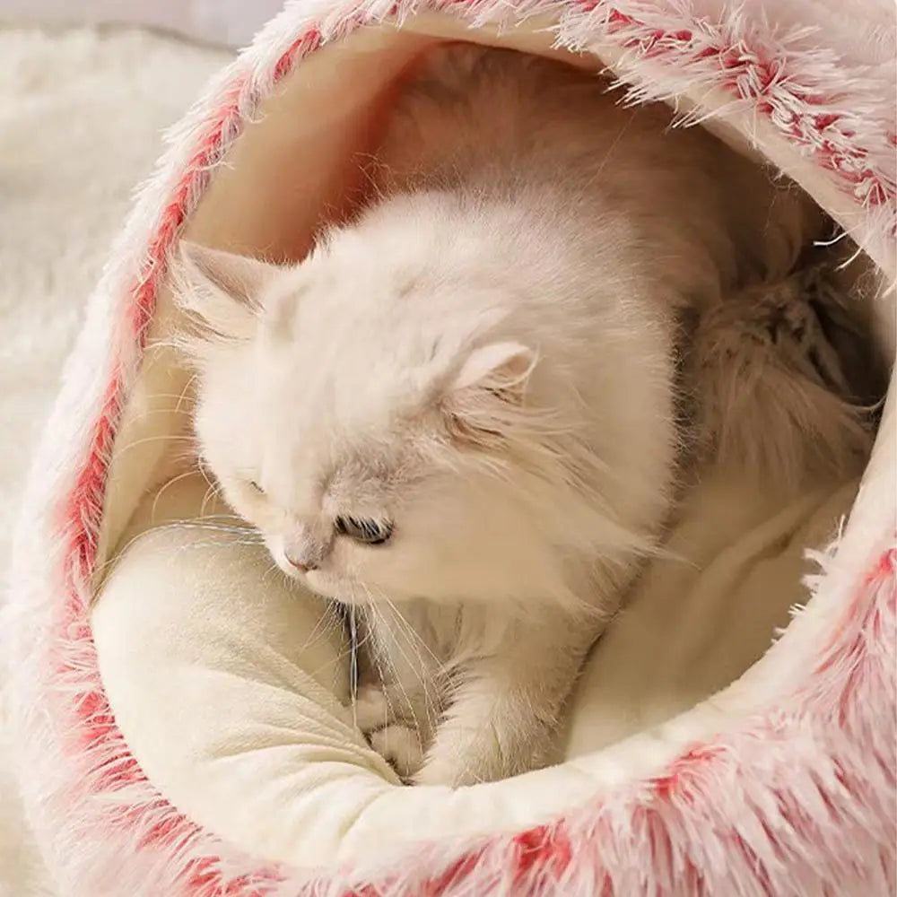 Winter Plush Round Cat Bed Warm 2 in 1 Sleeping Nest