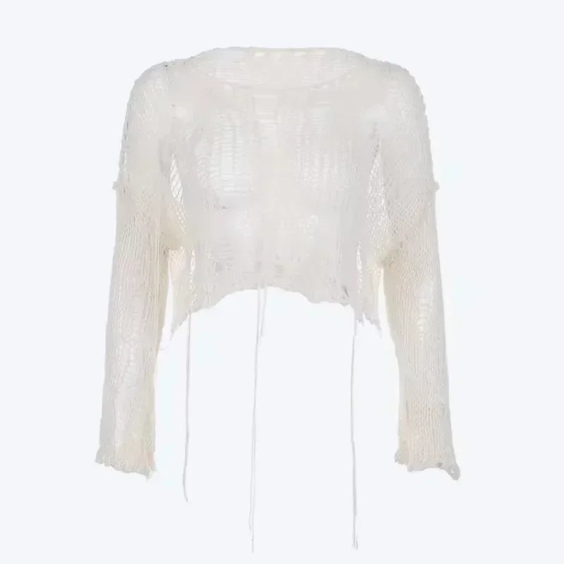 Women Y2K Cropped Cutout Knit Sweater Hollow Out Long Sleeve Sheer Pullover Top