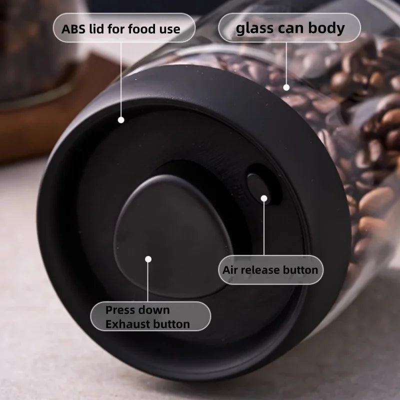 Glass Coffee Bean Storage Jar Vacuum Sealed Moisture Proof Black Lid Canister
