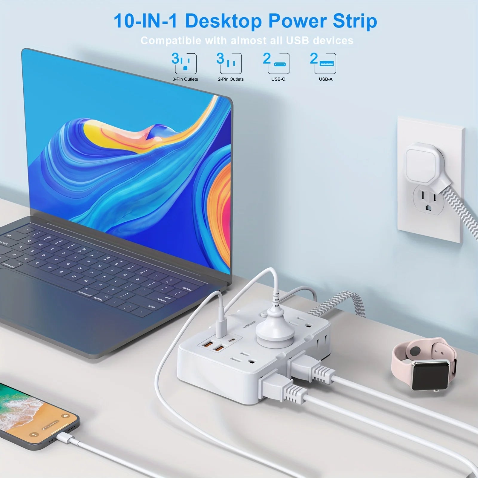 US Plug Power Strip with USB C Braided Extension Cord Smart Home Socket
