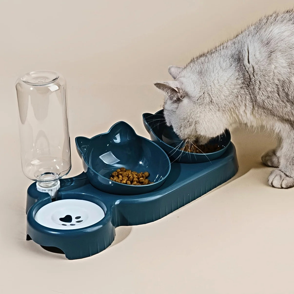 3 in 1 Tilted Cat Bowl Set with Gravity Water Feeder Neck Protection Design