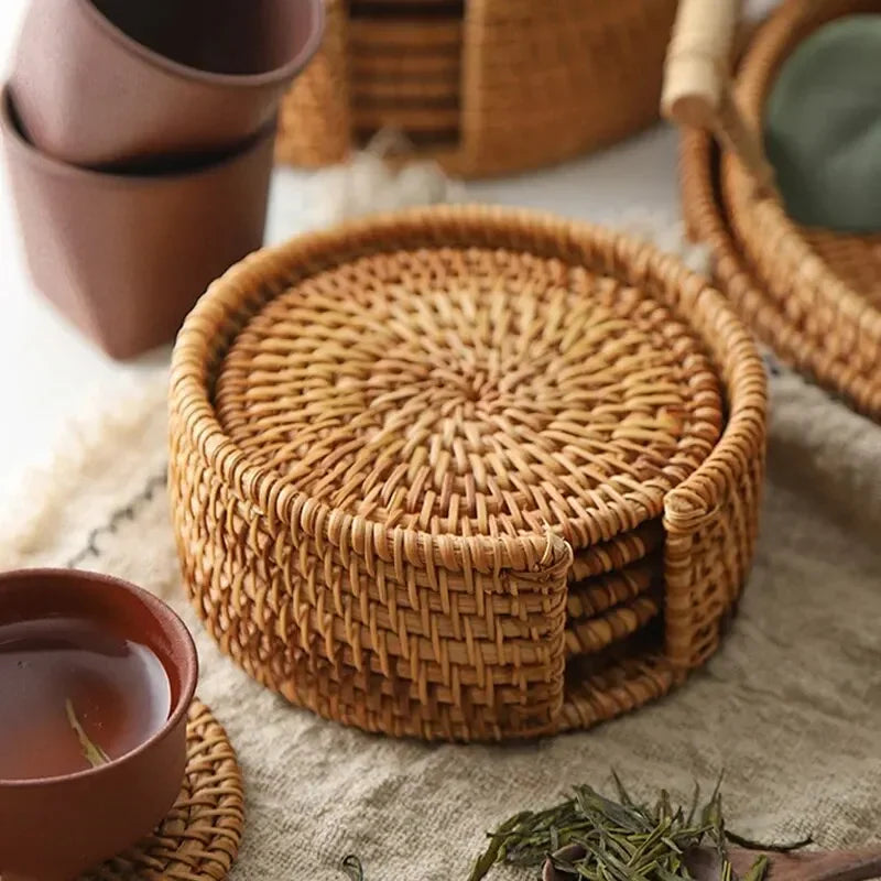 Rattan Drink Coasters 3pcs 6pcs Round Heat Resistant Cup Mat 8cm