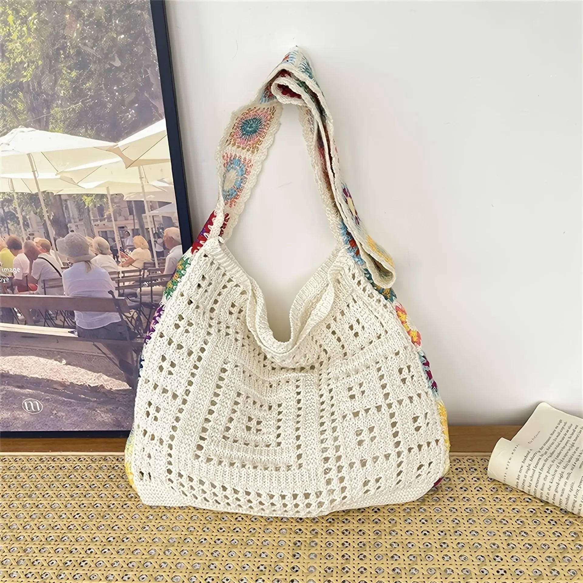 Women Boho Crochet Bag Knitted Floral Shoulder Tote Large Capacity Beach Woven Handbag
