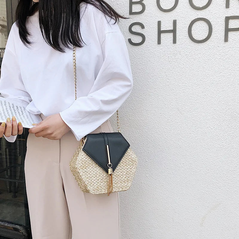 Women Straw Leather Hexagon Woven Beach Shoulder Bag