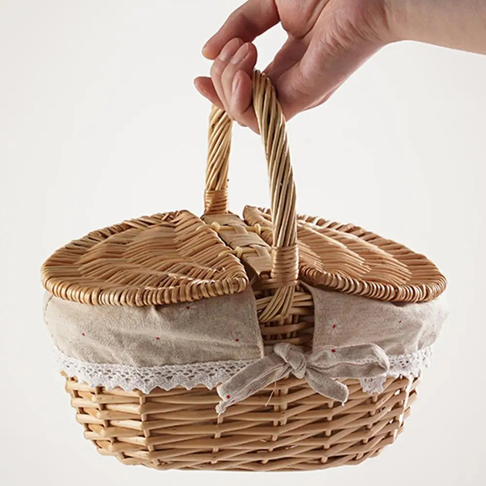 Handmade Wicker Picnic Basket with Handle Willow Storage Hamper Camping Fruit Basket