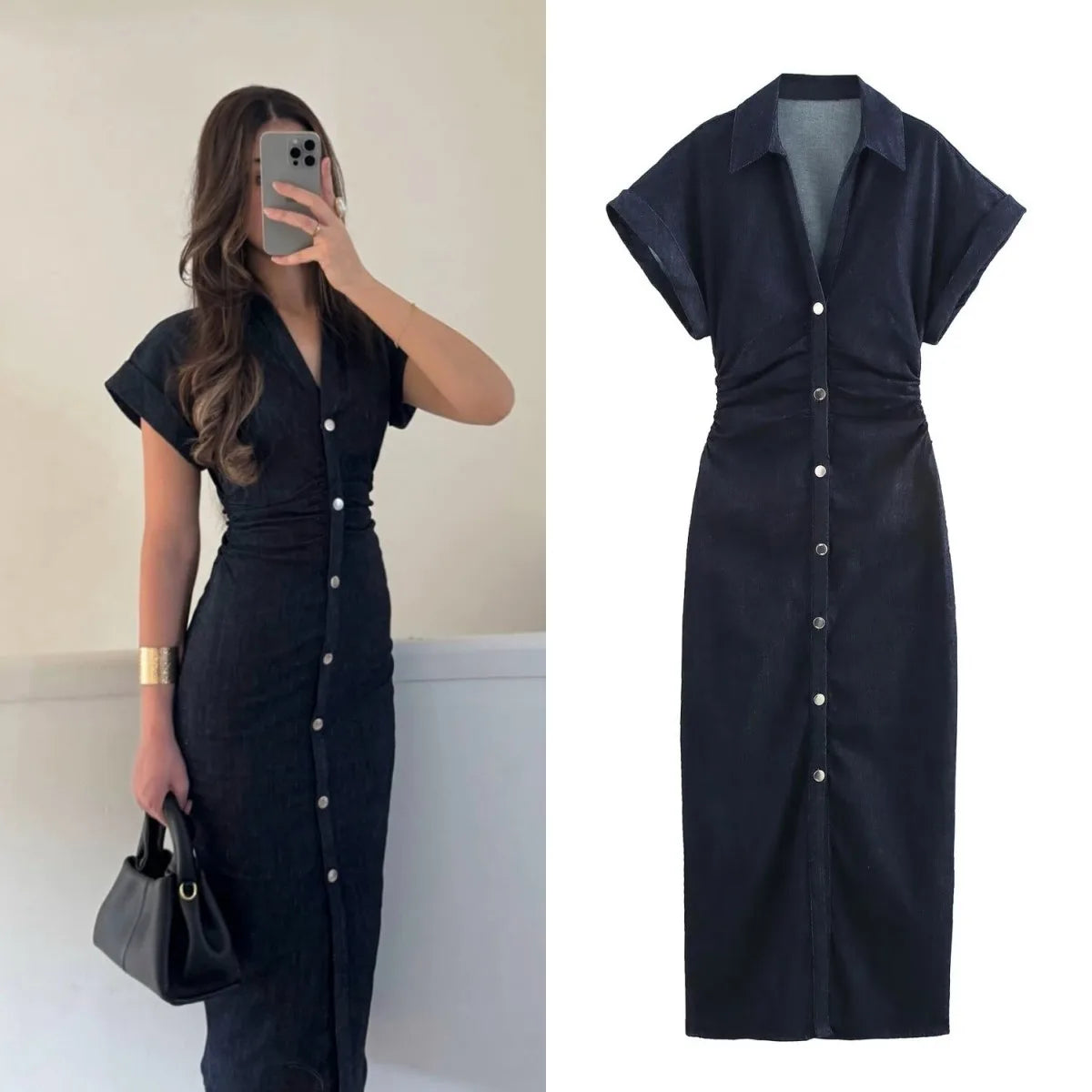 Women Denim Midi Dress Lapel Slim Fit Waist Belted Side Zipper Elegant Spring Dress