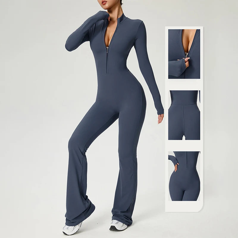 Women Long Sleeve Fitness Jumpsuit Zipper Yoga Bodysuit for Gym Workout