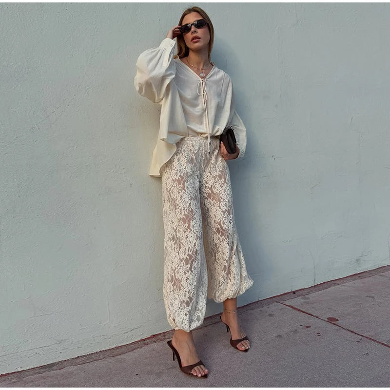 Bohemian Lace High Waist Wide Leg Pants for Women Loose Fit Lounge Trousers