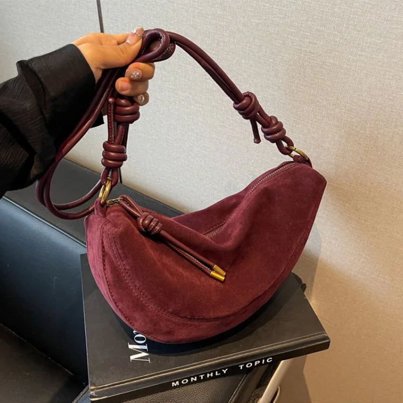 Women Faux Suede Shoulder Bag Underarm Crossbody Dumpling Bag