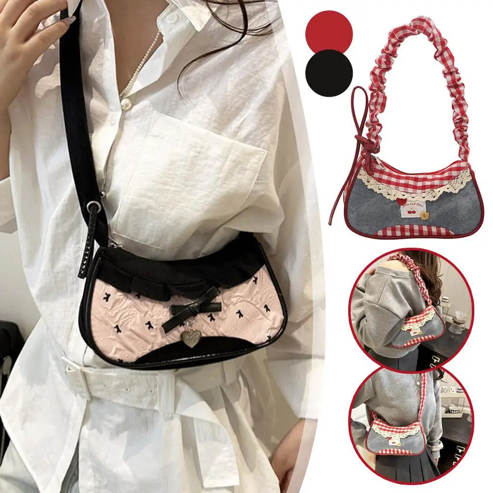 Women Mini Grid Crossbody Bag Adjustable Shoulder Underarm Handbag